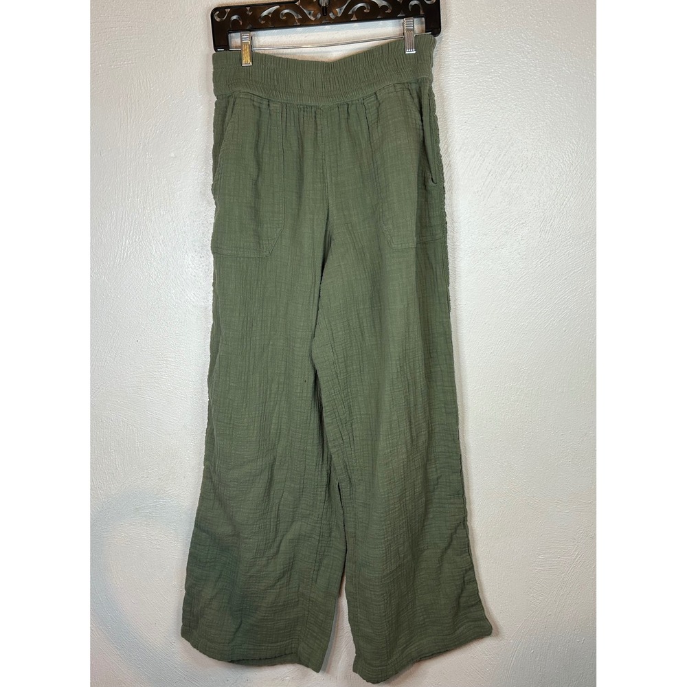 Aerie Olive Green Cotton Gauze Wide Leg Pants Size M Long High Waisted & Flowy
